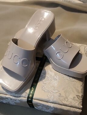 Gucci Pale Pink Patent Logo Platform Mules